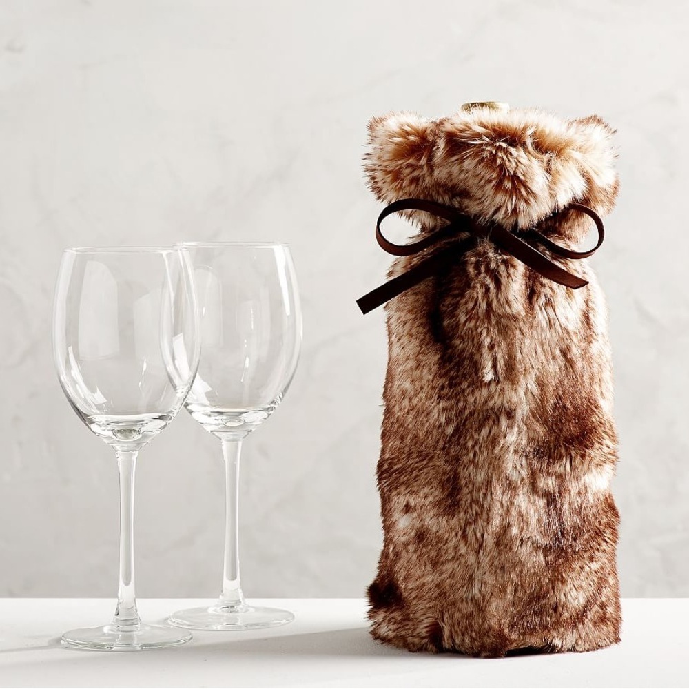 Pottery Barn Faux Fur Wine Bag Brown NWT Brand New